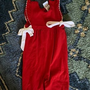 Bella Bliss red pique overalls. Size 18m
